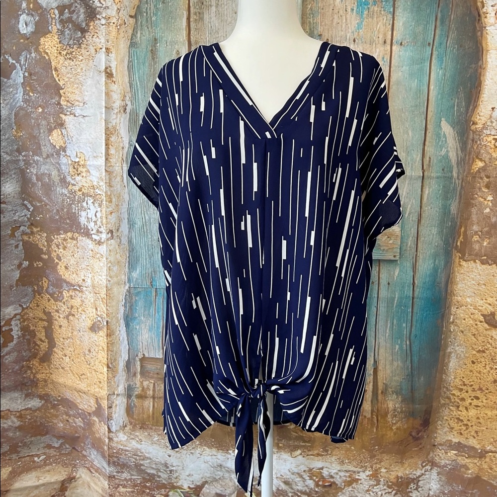 She + Sky-Navy Blue Loose Fitted Tie Front Tee